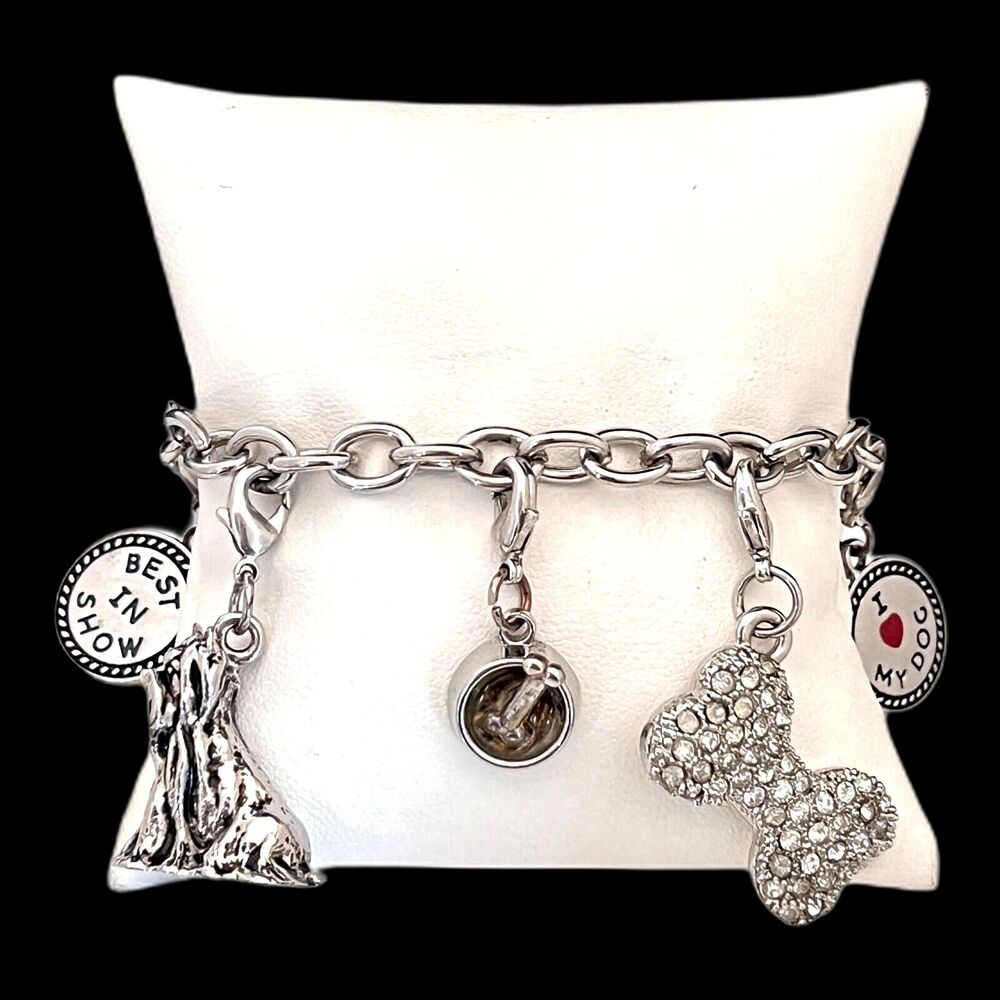 New Dog Themed Charm Bracelet Best in Show Bone Crystal Accent Silver Tone - 12S
